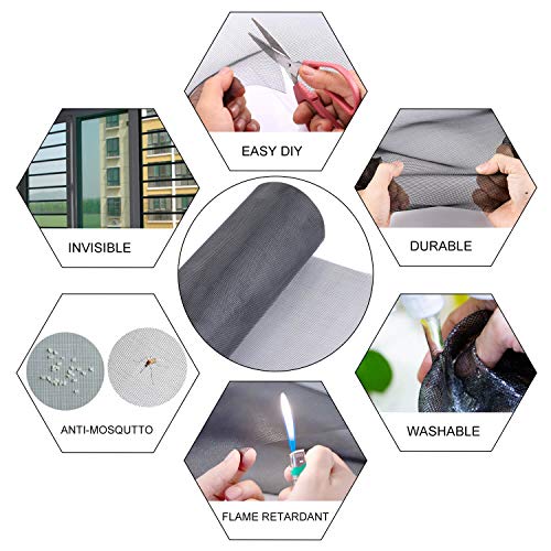 Screen Repair Kit for Windows and Doors 48” x 100" Adjustable Fiberglass Screens with Rolling Tool and Screen Retainer Spline - color: Black