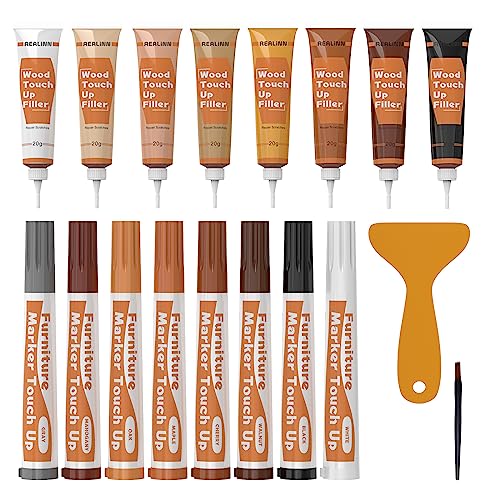 REALINN Wood Furniture Repair Kit 8 Light Colors- Wood Fillers and Touch Up Markers, Repair Scratch, Cracks, Discoloration for Wooden Door, Floor, Table, Cabinet - color: Light