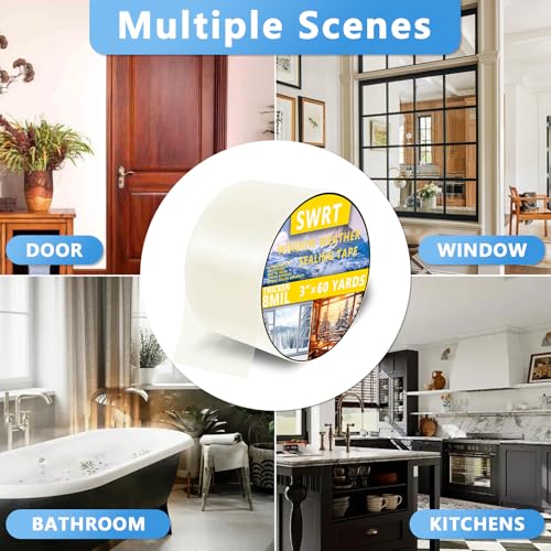 SWRT 3”x 60 YD 8 Mil Heavy Duty Transparent Window Weather Sealing Tape, No Residue Window Insulation for Winter, Preventing Cold Air Loss in Summer Door and Window Seal Kit - size: 3''× 60 YD