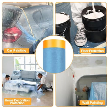 Painters Plastic With Tape,Tape and Drape, Automotive Pre-Taped Masking Film | 1 Roll | Self-Adhesive Painting Drop Film | Plastic Dust Sheets for Decorating, Cars Painting| 60 in x 65 feet
