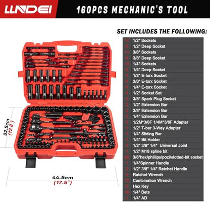 LLNDEI 160-Piece Mechanics Tool Set, Metric Socket Set 1/2 1/4 3/8 inch Drive Professional Tool Kit, CR-V Deep & Shallow Kit with Quick Release Ratchet - size: 160-Piece 1/2" & 3/8" & 1/4" Drive Socket Set