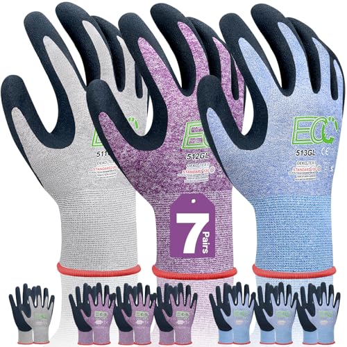 7 Pairs Women Gardening Gloves, EN388 2131X Outdoor Protective Work Gloves with Breathable Micro-Foam Coating for Gardening, General Purpose, Courtyard, 3 Purple + 3Blue +1 Grey - size: Small