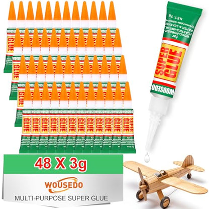 WOUSEDO 48 X 3g Super Glue Clear, Strong Adhesive,Super Glue Fast Drying Cyanoacrylate Glue for Wood,Rubber,Leather, Plastic, Metal, Rhinestone Jewelry, DIY Crafts and More - color: 48 X 3g