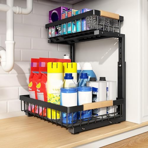 PXRACK Under Sink Organizer, Adjustable Height, 2 Tier Pull Out Under Cabinet Organizer, Slide Out Thickened Metal Under Sink Storage for Kitchen Bathroom Laundry Pantry Cabinet, Black, Large-1-Pack - color: Black, size: Large-1-Pack