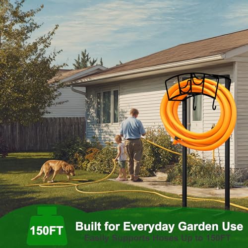 Mofesun Garden Hose Holder, Heavy Duty Metal Water Hose Holder 160-Feet Capacity, Detachable Freestanding Hose Hanger with 2 Tool Hooks, Garden Hose Storage Rack, Black