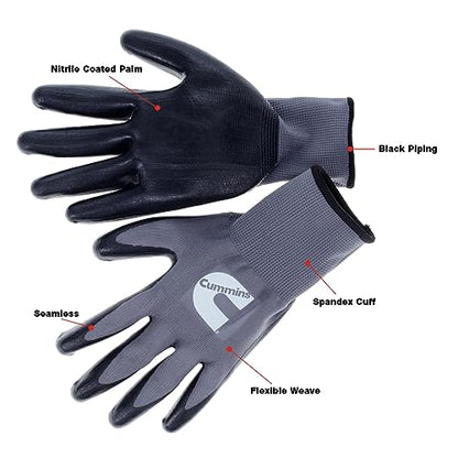 Cummins Gray Nitrile Dipped Palm Gloves CMN35153 - Nonslip Coated Work Gloves Gardening PPE All-Purpose Grip Hi Flex - Large