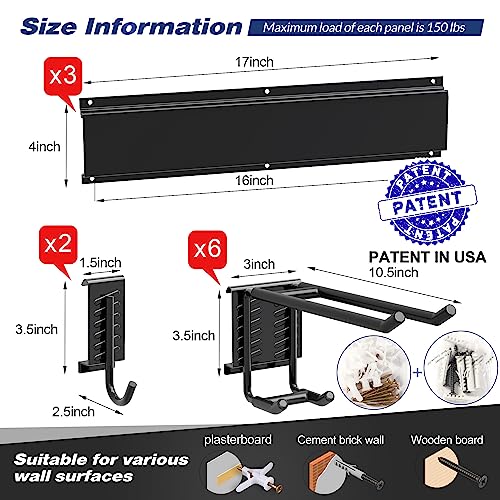 Storaboks Heavy Duty Garage Storage Rack System, Wall Mounted Tool Organizer with 8 Double Hooks, 3 Rails, Garden Yard Tools Hanger for Ski Gears, Broom, Rake, Shovel - size: 51inch 3 Panels+8 Hooks