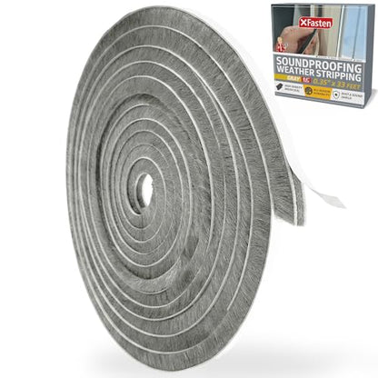 XFasten Self Adhesive Weather Stripping for Windows and Doors, 0.35" x 33 Ft Soundproofing Door Brush Seal Draft Stopper, Gray Insulation Seal Strip for Summer Heat, Winter Draft Blocker, 0.6" Thick - size: 0.6" Thick (0.35-Inch x 33 Feet)
