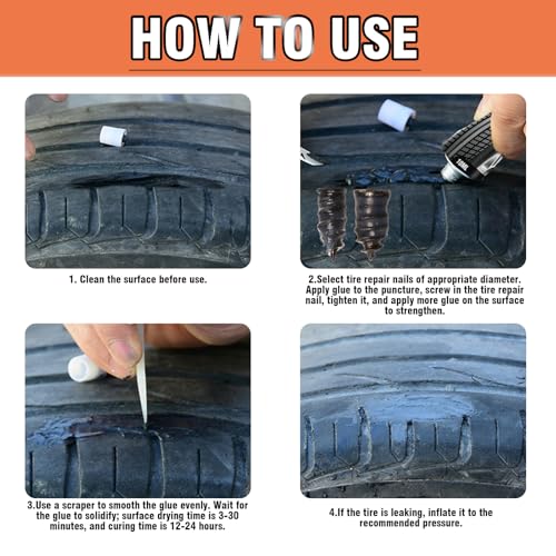 Bellisinno Tire Repair Glue, Sidewall Rubber Cement Kit, Two Sizes Nail, Suitable for Bike, Car, Motorcycle, Off-Road, Truck, Tractor, Black, 10ml*2