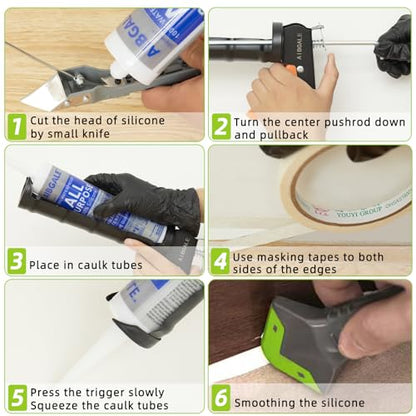 Variety Caulking Tool Kit, 2 Gray Silicone Sealant, Hand Caulking Guns and 5 in 1 Scraper/Smoothing Tool, Sandpaper, Gloves and Masking Tape, with All-Purpose 100% Silicone Caulk 20.2 Oz