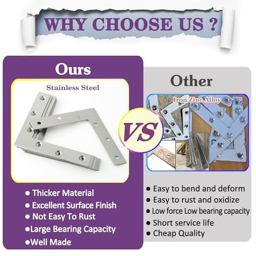 Alise L Flat Brackets,Corner Bracket Corner Brace Mending Plate Repair 4.8''x4.8'' Stainless Steel Flat Braces for Wood Tables, Chairs, Sofas, Beds, Cabinets, Doors and Windows,Brushed,4Pcs - size: 120x120mm(4pcs), style: Brushed