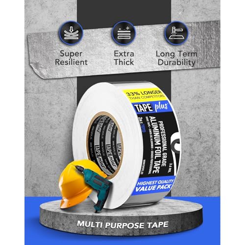 TapePlus Aluminum Foil Tape - Heat Resistant Duct Seal for HVAC Applications - Waterproof Insulation Tape - Aluminum Adhesive Sheet for Dryer Duct Repairs - 4 Pack, 2 in x 210 ft, Silver - size: 4 Pack