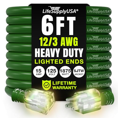 6ft Outdoor/Indoor Extension Cord 12/3 Gauge Extra Heavy Duty 3 Prong SJTW, Waterproof, Flexible Cold-Resistant Long Power Cord,125 Amp 1875W, Green by LifeSupplyUSA - color: Green, size: 6 FT, style: 12AWG