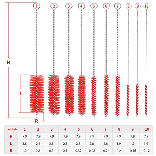 CiaraQ Bottle Cleaning Brushes, 8 Inch Nylon Tube Brush Set, Cleaner for Narrow Neck Bottles Cups with Hook, Set of 10pcs. - color: Red, size: 8.0 Inch (10pcs)