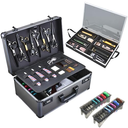 Yueieoun Professional Barber Case - Portable Barber Tool Case Hair Clipper Organizer with Combo Locks, Detachable Trays for Clippers, Shears, Razors, Trimmers - Secure Storage for Barbershop or Travel - color: Grey with Large Tray