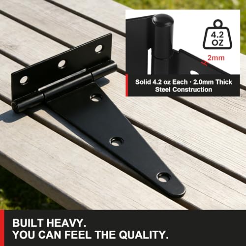 5 Inch Heavy Duty Door Hinges, 6 Pack Black Hinges T Strap Hinges, True 2.0mm Thick Reinforced Steel, Complete Screws Included, Shed Door Hinges & Gate Hinges for Wood and Metal Doors, Outdoor Use - size: 5IN-6PCS