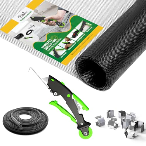 King&Charles Window Screen Door Repair/Replacement Kit, Includes Black Screen Mesh 48"x118"+ Versatile Screen Roller Tool+50Ft Spline+8Clips, Insect Screen, Pet Proof Window Mesh Kit - color: Black