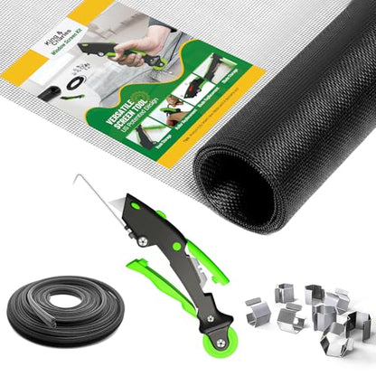 King&Charles Window Screen Door Repair/Replacement Kit, Includes Black Screen Mesh 48"x118"+ Versatile Screen Roller Tool+50Ft Spline+8Clips, Insect Screen, Pet Proof Window Mesh Kit - color: Black