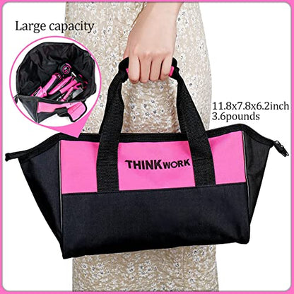 THINKWORK 41 Piece Pink Tool Set - Lady's Hand Tool Set with 3.6V Rotatable Electric Screwdriver, Home Repairing Tool Kit for Women with Large Mouth Open Tool Bag, Perfect for Home DIY, Daily Use - style: Wide Mouth Bag