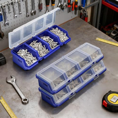 Tlence 6 Pack Screw Organizer Box with Lid, 4 Compartments Small Parts Bins, Plastic Hardware Storage Containers, Nails Sorting Divider Toolbox Case for Garage Nuts Bolts Craft Organizing