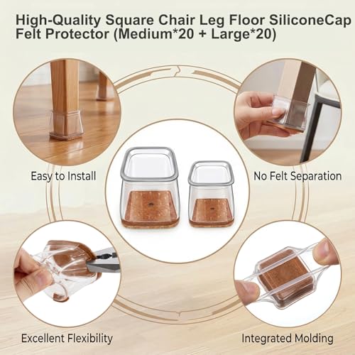 40 Pcs 2 Size Chair Leg Covers to Protect Floors, Clear Square Silicone Chair Leg Covers (M Fit: 0.75"-1", L Fit: 1"-1.5”)