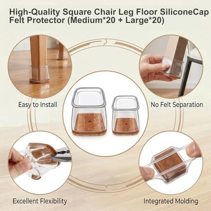 40 Pcs 2 Size Chair Leg Covers to Protect Floors, Clear Square Silicone Chair Leg Covers (M Fit: 0.75"-1", L Fit: 1"-1.5”)
