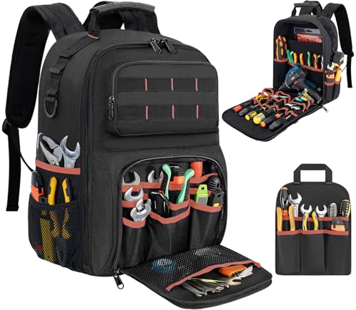 Backpack Tool Bag with Movable Base Plate, Heavy Duty Tool Storage with Removable Tool Organizer, Durable Water Resistant for Electricians & Home Repair-Version 4.0- Black&Orange - color: Black&Orange