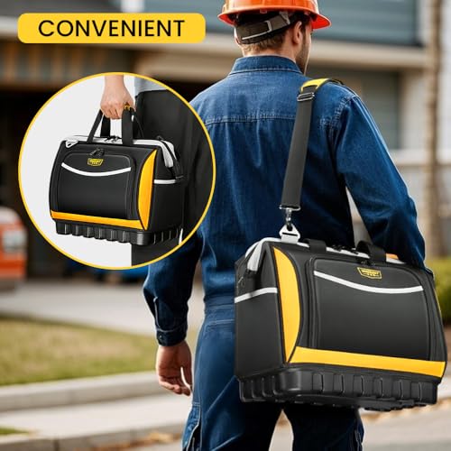 WINHUNT Tool Bag, Hard Bottom Professional Tool Tote, Multi-Pocket Storage with Shoulder Strap, Black and Yellow (Yellow & Black, 16 inch)