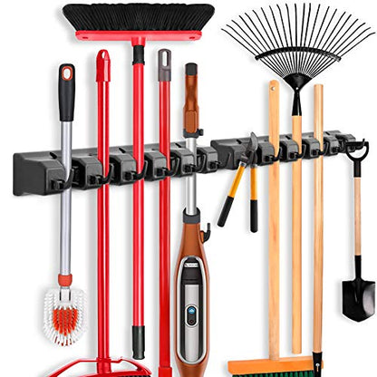 IMILLET 2 Pack Mop and Broom Holder, Wall Mounted Organizer Mop and Broom Storage Tool Rack with 5 Ball Slots and 6 Hooks (Black) - color: 2 Pack