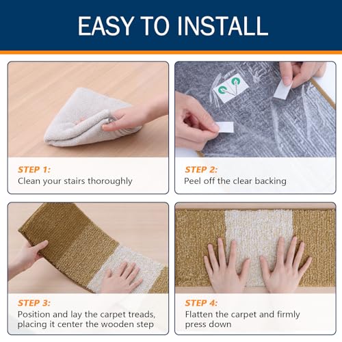 OLANLY Stair Treads Non Slip 15PCS, 8" x 30" Indoor Stair Runners for Wooden Steps, Edging Stair Rugs with Reusable Peel and Stick Adhesive for Kids Elders and Pets, Camel - color: Camel