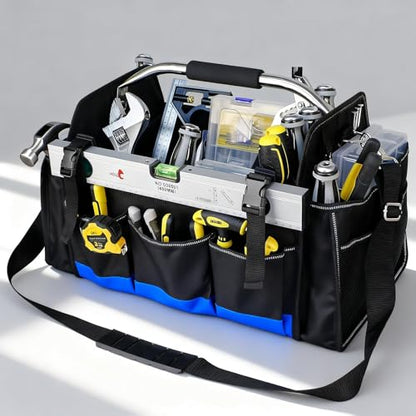 18 Inch Open Top Tool Bag, Tool Bags for Men with 30 Pockets, 1680D Waterproof Fabric, Foldable Electrician Tool Bag with Rotating Handle, Reflective Tool Organizer for Men, Blue - color: Black-Blue