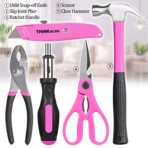 THINKWORK 41 Piece Pink Tool Set - Lady's Hand Tool Set with 3.6V Rotatable Electric Screwdriver, Home Repairing Tool Kit for Women with Large Mouth Open Tool Bag, Perfect for Home DIY, Daily Use - style: Wide Mouth Bag