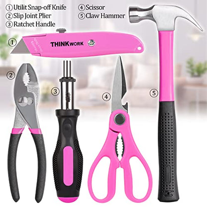 THINKWORK 41 Piece Pink Tool Set - Lady's Hand Tool Set with 3.6V Rotatable Electric Screwdriver, Home Repairing Tool Kit for Women with Large Mouth Open Tool Bag, Perfect for Home DIY, Daily Use - style: Wide Mouth Bag