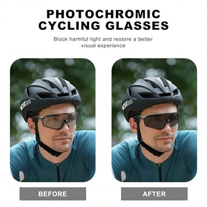 BangLong Photochromic Cycling glasses for Men Women, Clear Running MTB Sunglasses UV Protection - color: Black Frame-photochromic