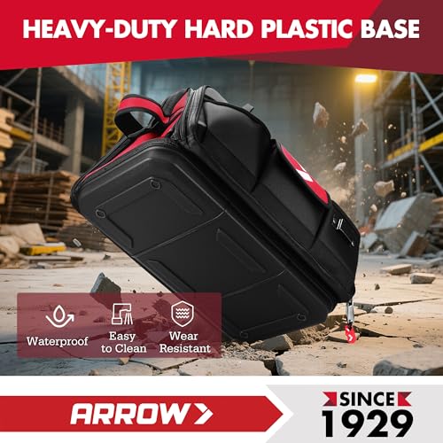ARROW 17" Large Tool Bag with 36 Multipurpose Pockets, Tool Bags for Men Heavy Duty with Waterproof Hard Base, Reflective Band, Wide Open Mouth Toolbag for Electrician Mechanic Plumber HVAC - size: 17 Inch