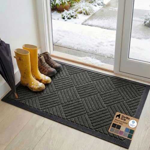 GORILLA GRIP 100% Waterproof All-Season WeatherMAX Doormat, 34x58, US Designed Natural Rubber, Stain and Fade Resistant, Low Profile Indoor Outdoor Door Mats, Easy Clean Patio Mat, Gray Diamond - color: Gray Diamond, size: 58" X 34"