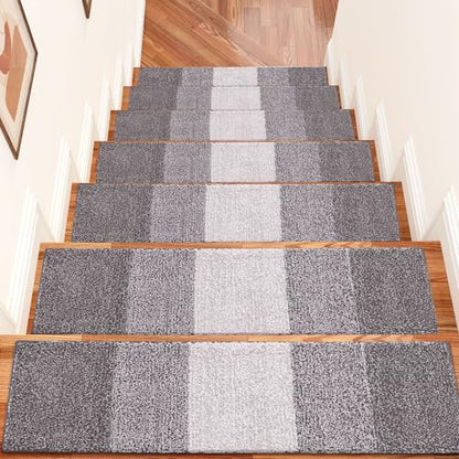 OLANLY Stair Treads Non Slip 15PCS, 8" x 30" Indoor Stair Runners for Wooden Steps, Edging Stair Rugs with Reusable Peel and Stick Adhesive for Kids Elders and Pets, Light Grey - color: Light Grey