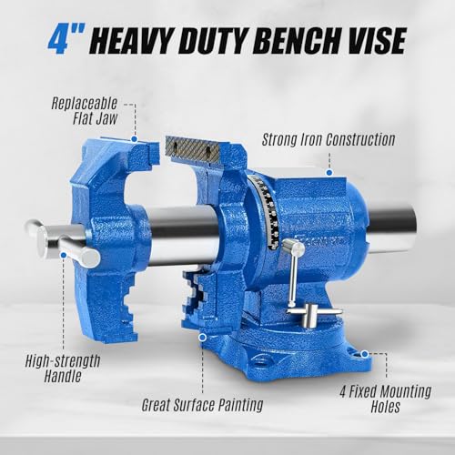 Heavy Duty Bench Vise, 4 Inch Jaw Width and Opening, 360° Swivel Base with Anvil, Multipurpose Clamp & Combination Pipe Vise for Woodworking, Metalworking, Conduit Work