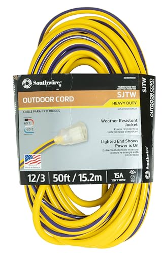 Southwire Heavy Duty Extension Cord, 50Ft, 12 Gauge, 3 Conductor, Neon Purpose Extension Cord, SJTW, Yellow and Purple, 2548SW0022