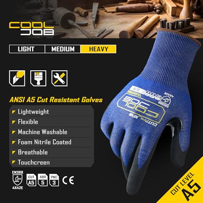 COOLJOB A5 Fiberglass Free Cut Resistant Gloves for Men, Touchscreen, Grip Nitrile Coated, No PFAS, Non Slip, Soft & Durable - color: Blue (Pack of 1), size: X-Large