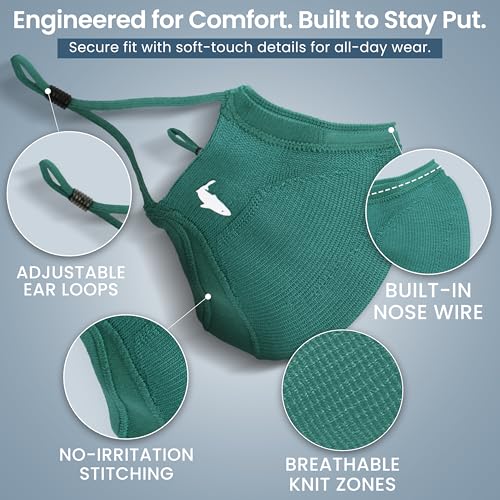 INHERENT Premium Traveler's Face Mask with Anti-Odor SILVERbac | Reusable, Adjustable, Comfortable - style: Green - Large