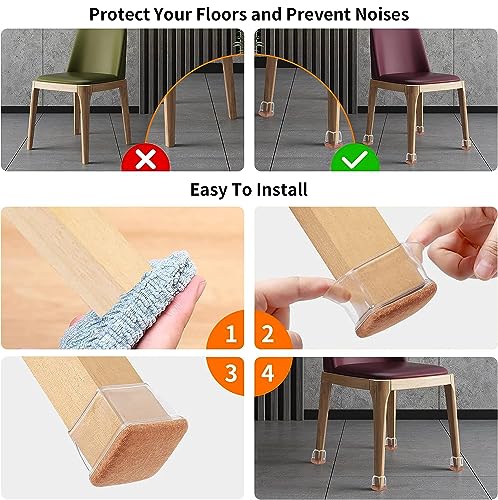 Ezprotekt 24 Pcs Clear Square Chair Leg Floor Protectors with Felt, Silicone Felt Furniture Pads for Hardwood Floor, Dining Table Leg Caps Covers No Scratches and Noise (L Fit: 1" - 1.4") - size: L-Square