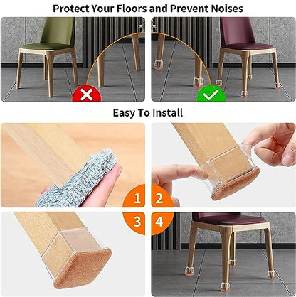 Ezprotekt 24 Pcs Clear Square Chair Leg Floor Protectors with Felt, Silicone Felt Furniture Pads for Hardwood Floor, Dining Table Leg Caps Covers No Scratches and Noise (L Fit: 1" - 1.4") - size: L-Square