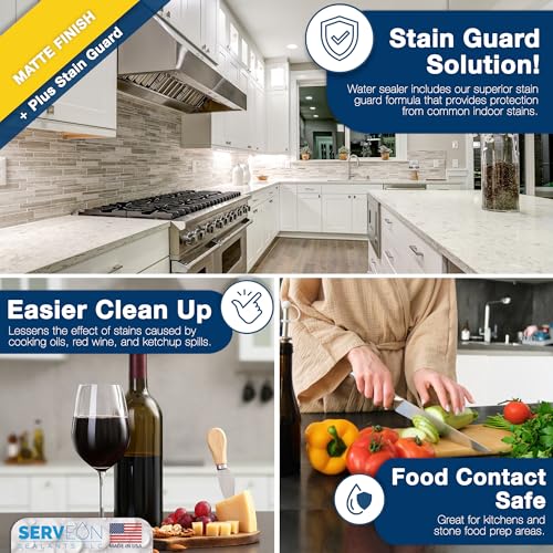 Serveon Sealants Kitchen & Bathroom Sealer Plus Stain Guard (Matte Finish - 1 Quart, 32 Ounce) Commercial Grade Tile Grout Waterproof Sealant - Granite Countertop Natural Stone Shower Floors H2900C