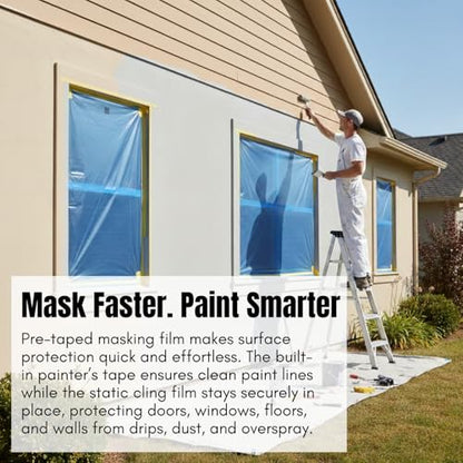 Pre-Taped Masking Film 35.4" x 66', Pack of 2 – Automotive Painters Plastic Sheeting with Built-In Tape – Overspray Protection for Auto Body, Home Painting & Renovation – Tear-Resistant Drop Cloth