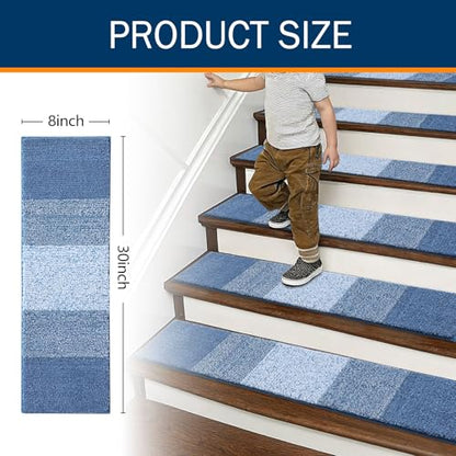 OLANLY Stair Treads Non Slip 15PCS, 8" x 30" Indoor Stair Runners for Wooden Steps, Edging Stair Rugs with Reusable Peel and Stick Adhesive for Kids Elders and Pets, Light Blue - color: Light Blue