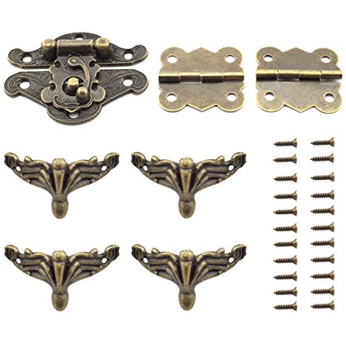 SDTC Tech Antique Bronze Buckle Latch and Butterfly-Shape Hinge and Bracket Feet Retro Furniture Decoration Fitting Kit for Jewelry Box Cabinet Wooden Storage Case (1 Hasp Catch + 2 Hinges + 4 Legs) - color: M1B2F4 KIT