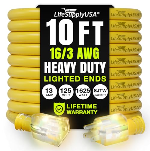 10ft Outdoor/Indoor Extension Cord 16/3 Gauge Heavy Duty 3 Prong SJTW, Waterproof, Flexible Cold-Resistant Long Power Cord,13A 125V 1625W, Yellow by LifeSupplyUSA - color: Yellow, size: 10 FT, style: 16AWG