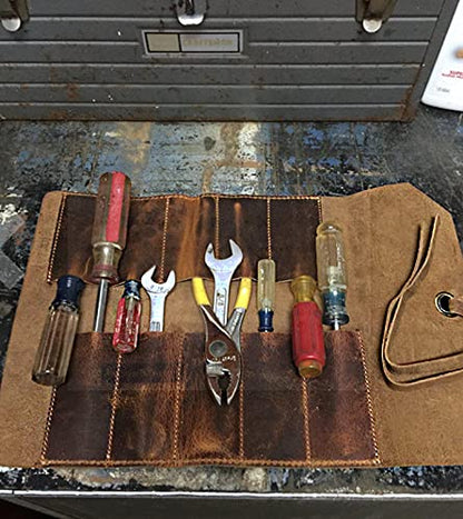 Leather Tool Roll Up Pouch - Leather Tool Wrench Roll/Chisel Bag by Rustic Town - style: 10 Slots(medium)