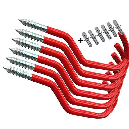 Bike Hooks Heavy Duty Bicycle Storage Hooks Set of 6,Screw-in Utility Storage Hangers Shed Garage Garden Hook Plastic Coated for Wall Mount/Ceiling Red